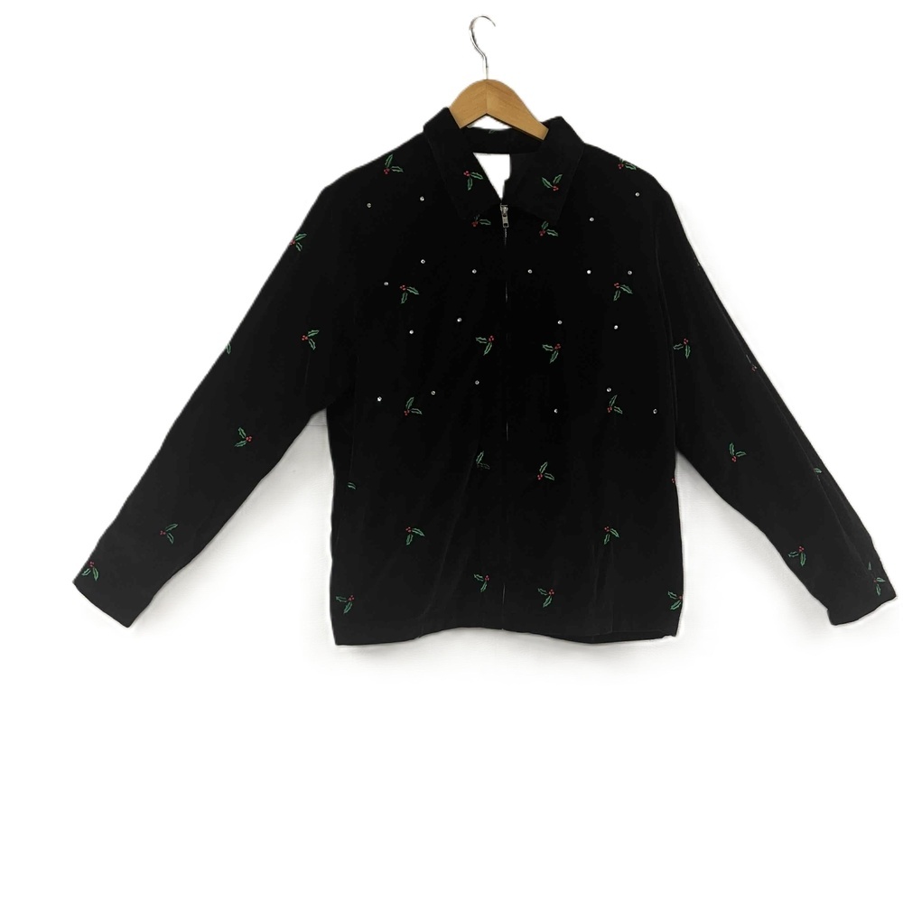Quacker Factory Mistletoe Velvet rhinestone Blazer Christmas ‎ Zip Jacket Medium